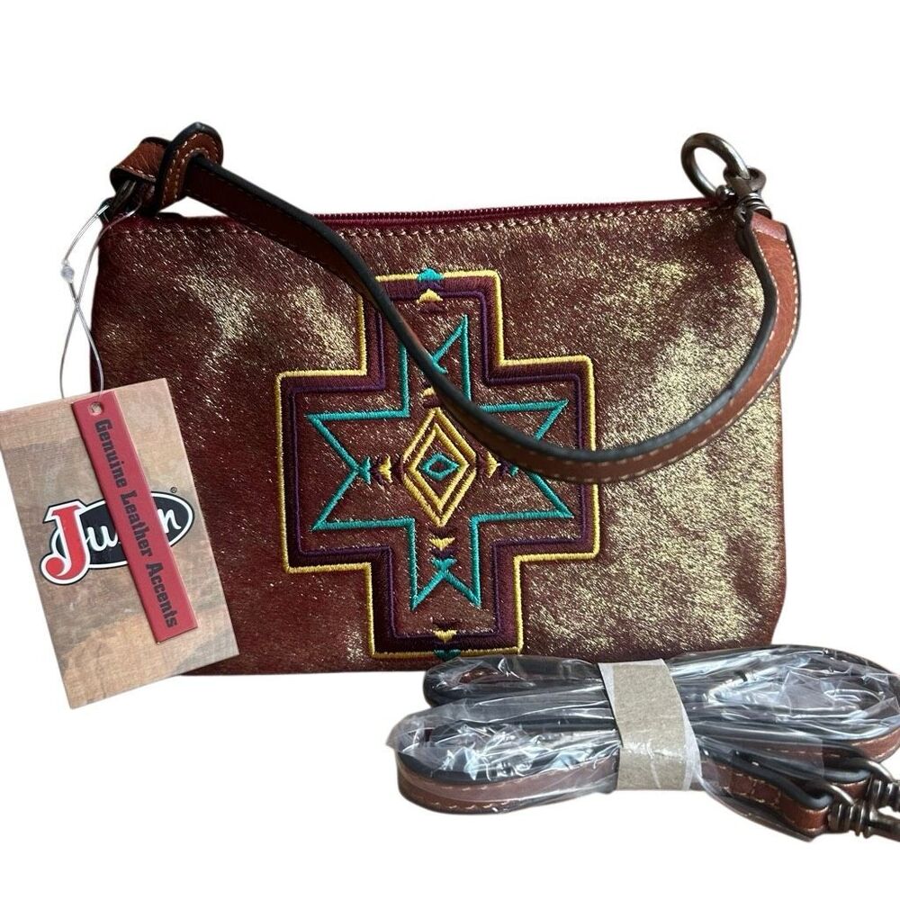 JUSTIN Embroidered Convertible Wristlet Crossbody Bag Burgundy NEW